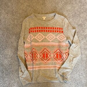 J. Crew Gray and Red Geometric Crewneck Sweater